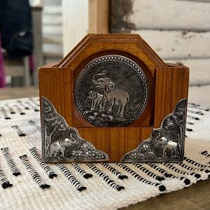 Vintage Thai Wooden Elephant Coasters, Set of 6 w/ holder